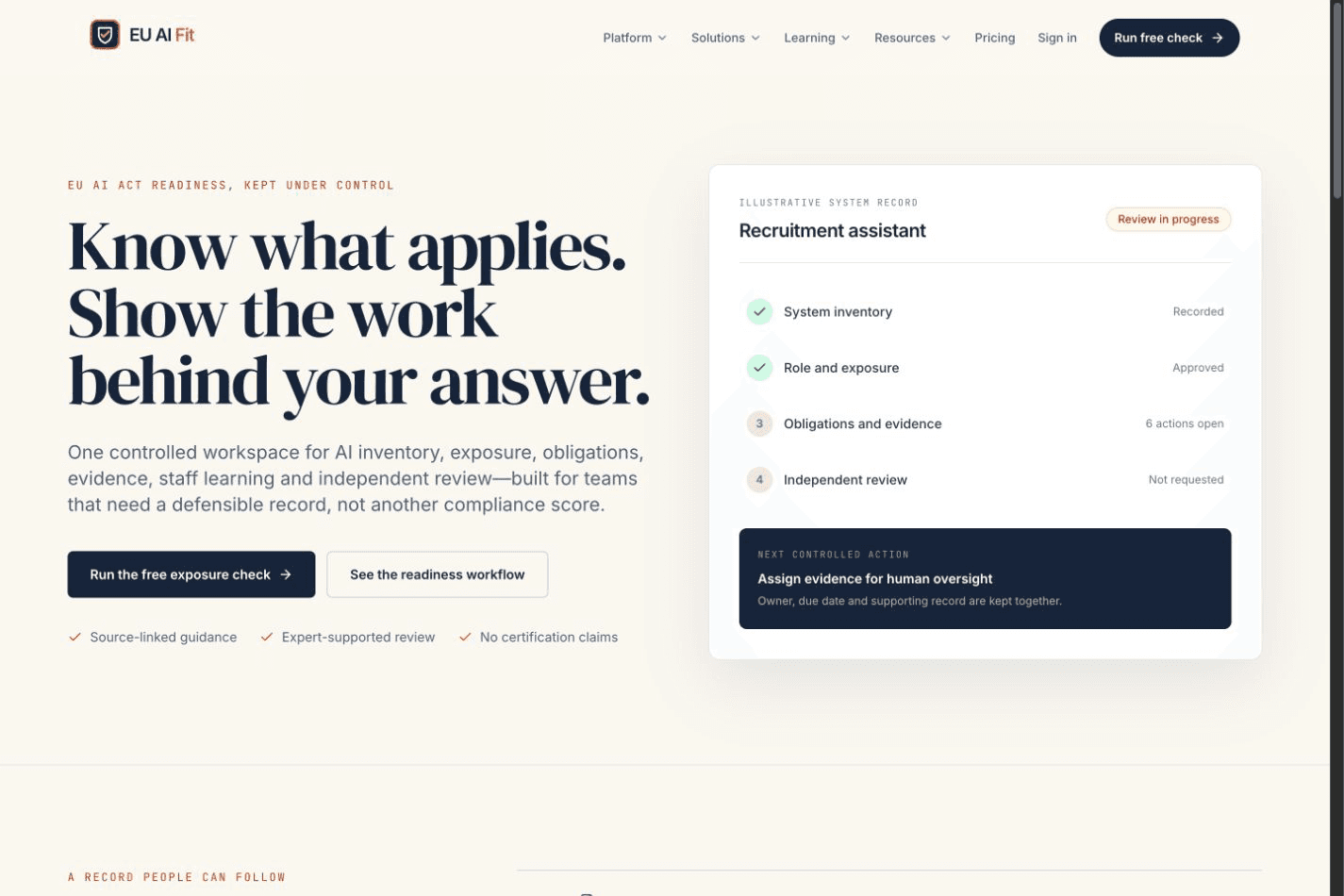 EU AI Fit product website homepage