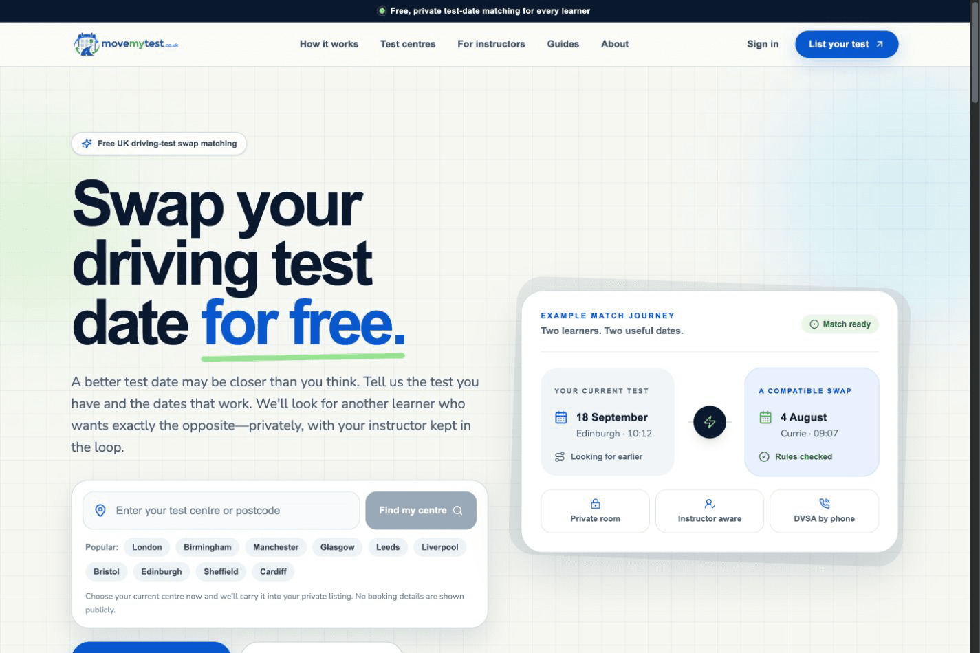MoveMyTest driving test swap platform homepage
