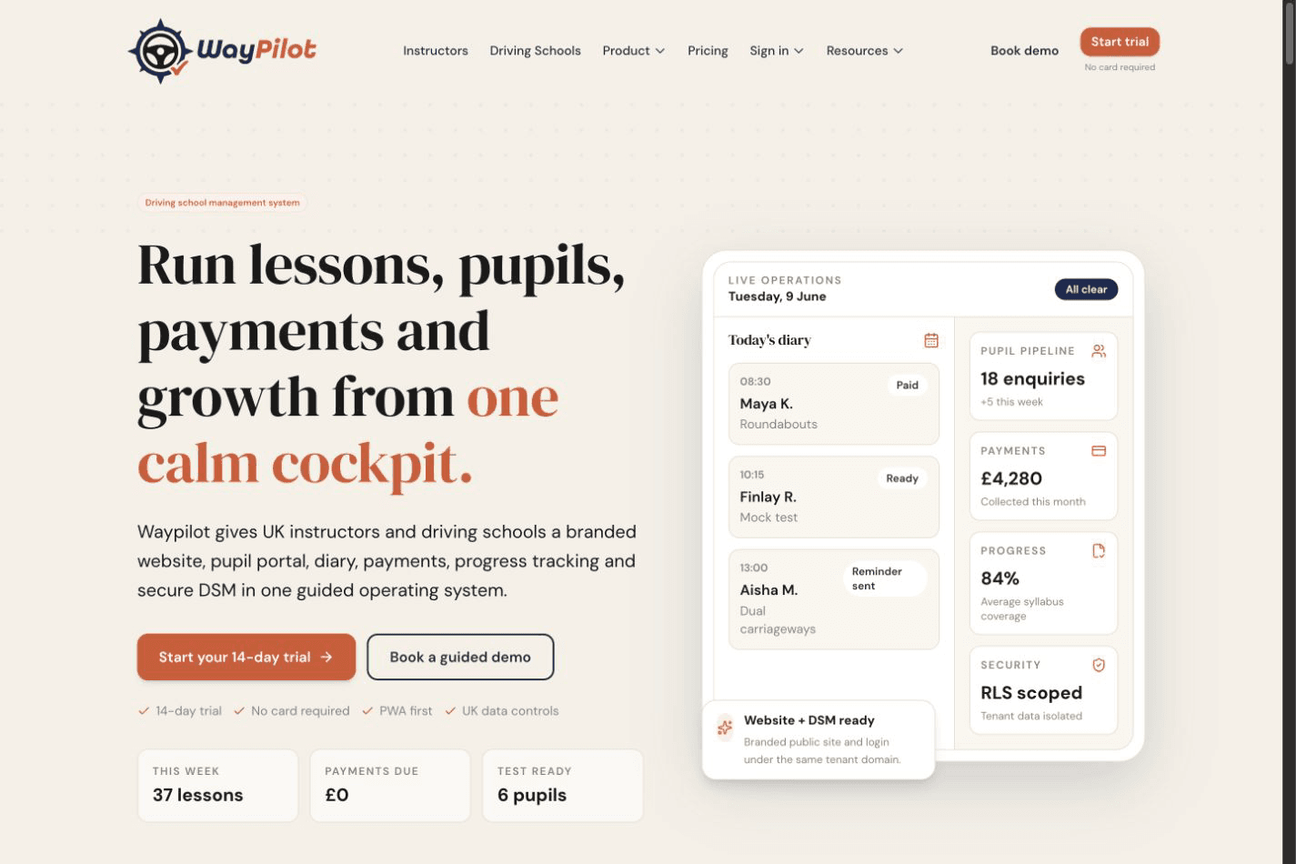 Waypilot driving school software homepage